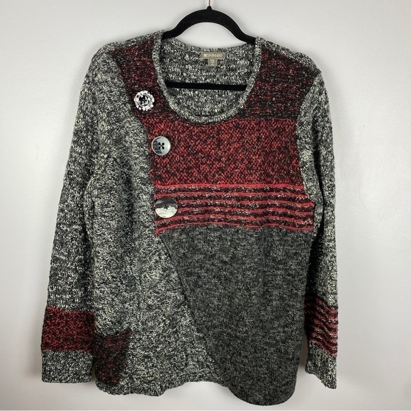 SPANNER Gray Red Wool Blend Button Wrap Knit Sweater XXL - Picture 2 of 11